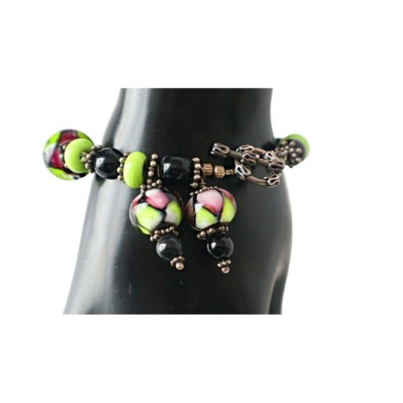 Handmade Lampwork Glass Bead Bracelet Toggle Closure Lime Green Purple - Picture 2 of 6